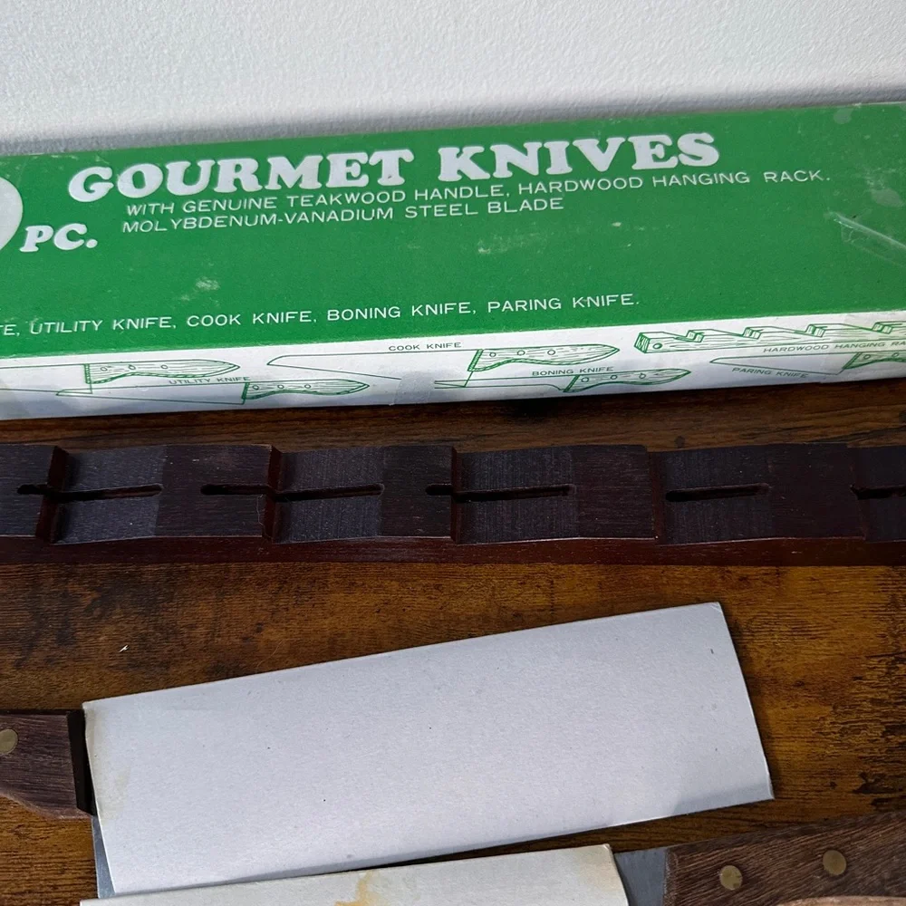 Vintage 5pc Gourmet Knife Set Teakwood Handles Hardwood Rack Taiwan Steel NIB